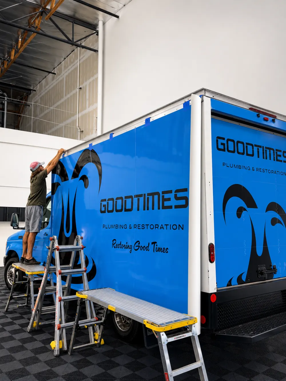 Blue Good Times Plumbing and Restoration box truck graphics