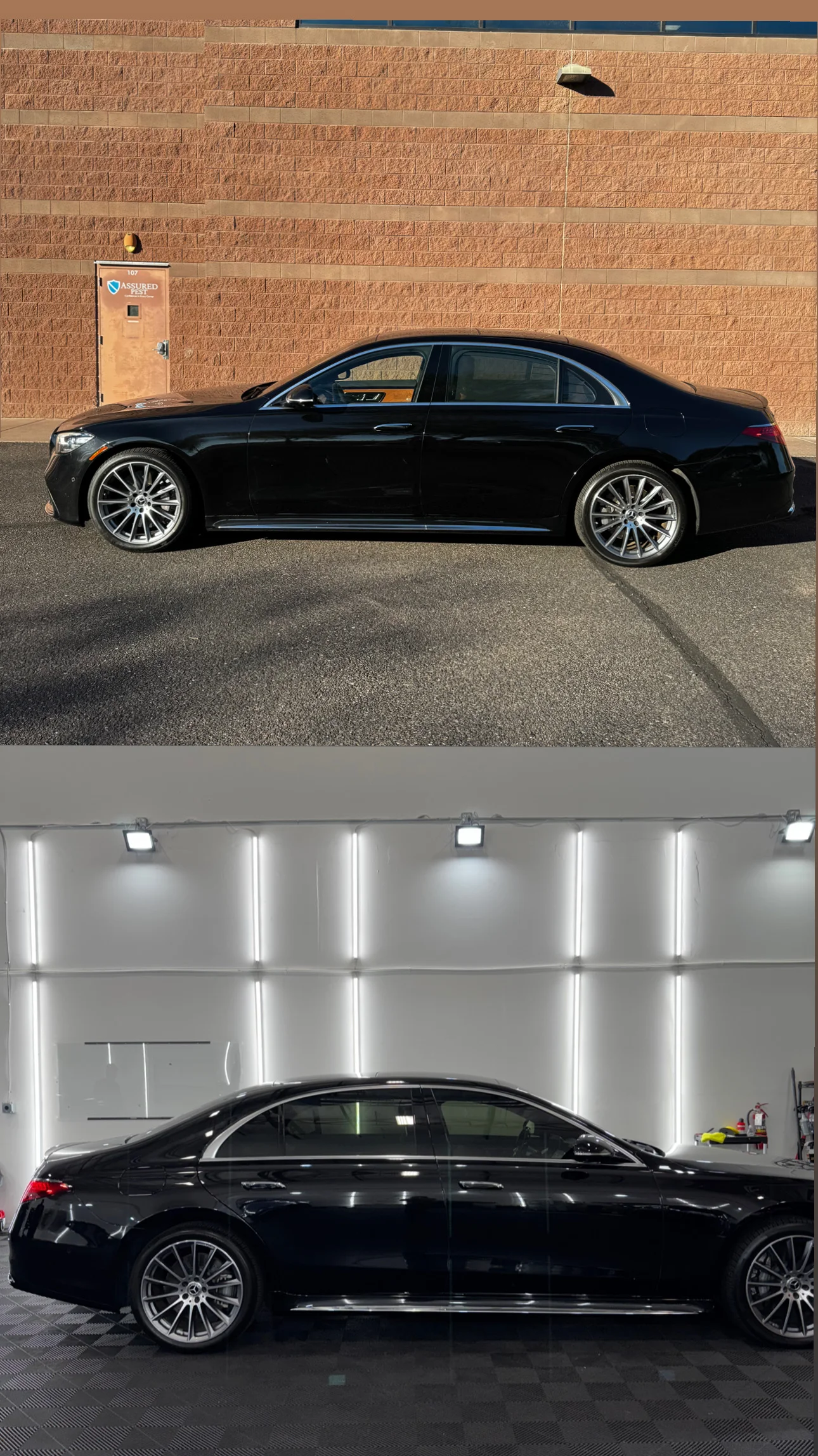 Black Mercedes sedan before and after NBAUTOAZ tint and finish work